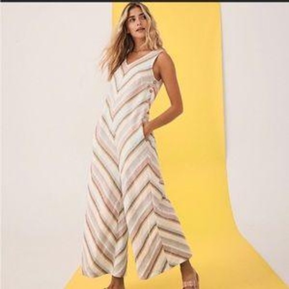 Charlie B Jumpsuit Womens XS Multi Color Linen Blend Chevron Stripe Wide Leg